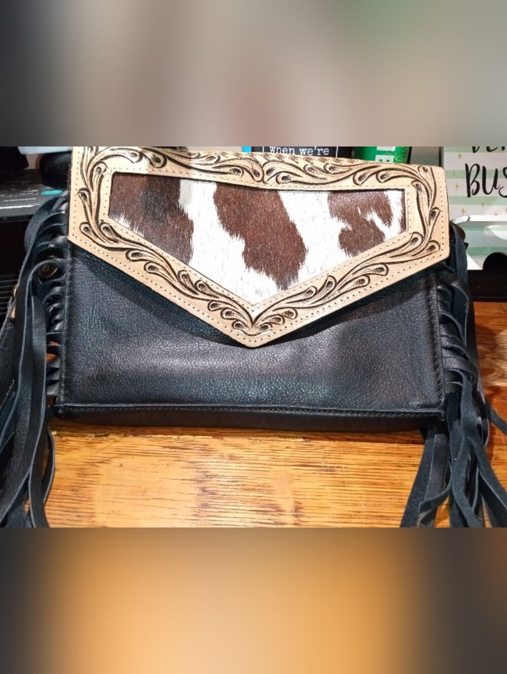 Leather & Cowhide Flap Shoulder Bag - Black and Brown